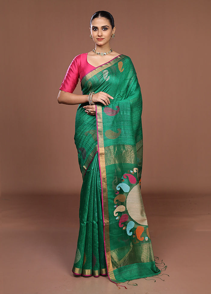 Green Handloom Matka Pure Silk Saree With Blouse Piece