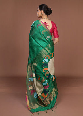 Green Handloom Matka Pure Silk Saree With Blouse Piece