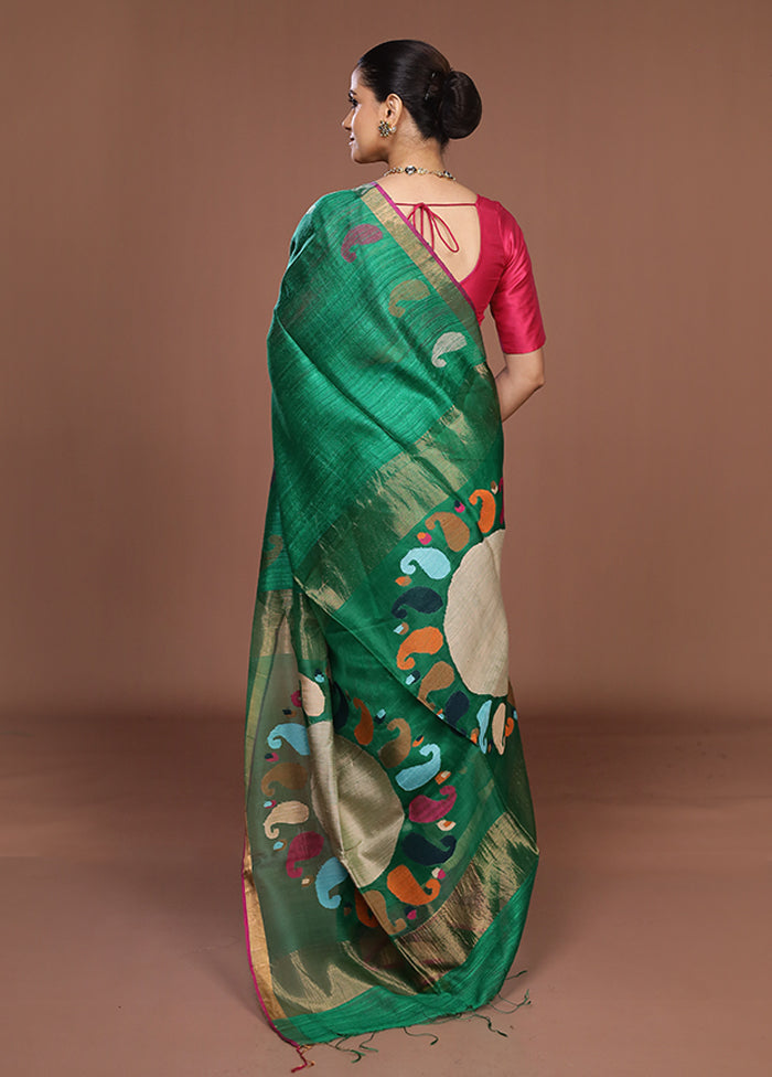 Green Handloom Matka Pure Silk Saree With Blouse Piece