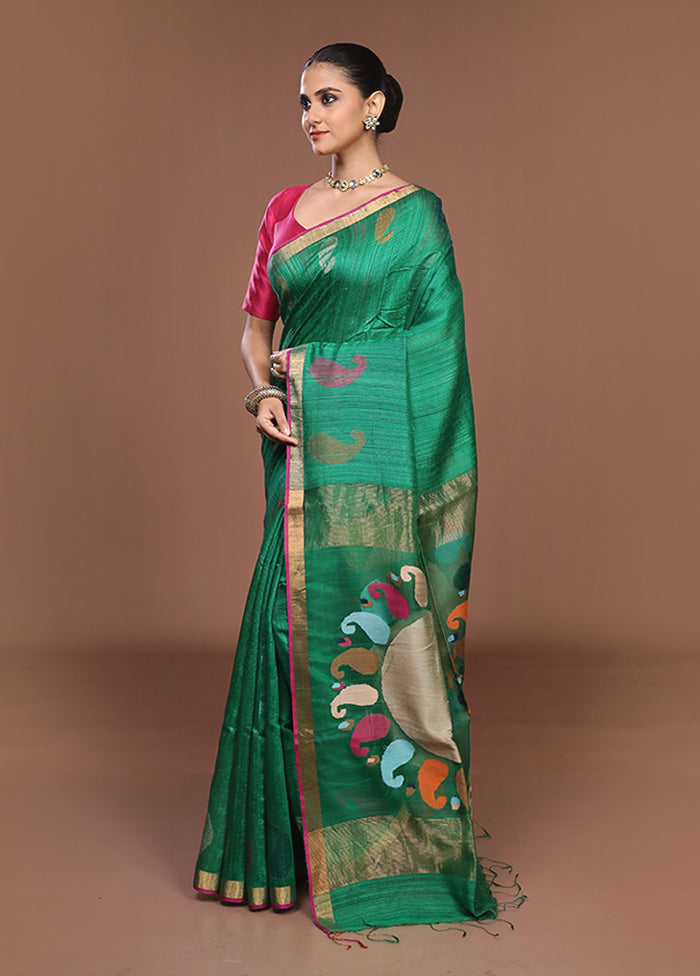 Green Handloom Matka Pure Silk Saree With Blouse Piece
