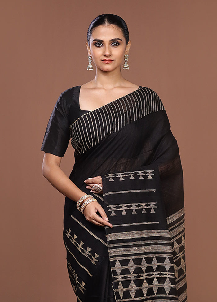 Black Handloom Matka Pure Silk Saree With Blouse Piece