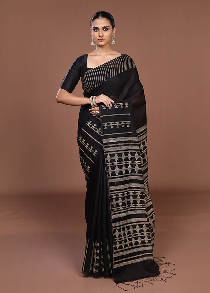 Black Handloom Matka Pure Silk Saree With Blouse Piece