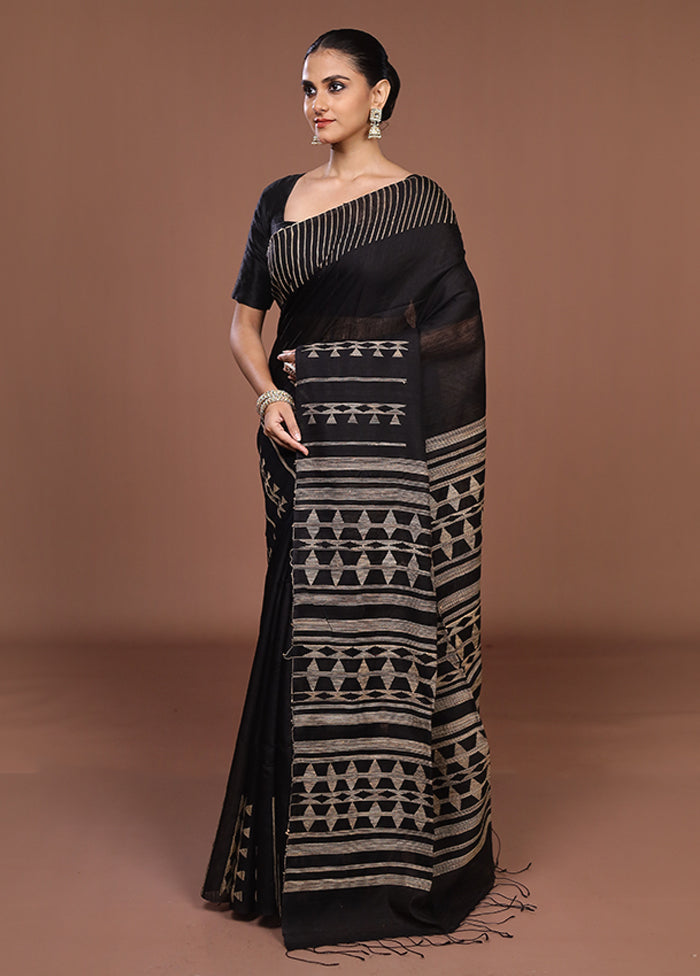 Black Handloom Matka Pure Silk Saree With Blouse Piece