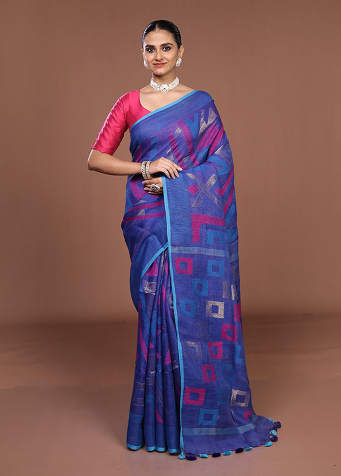 Blue Handloom Matka Pure Silk Saree With Blouse Piece