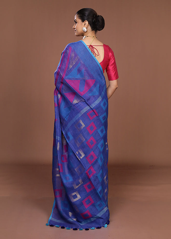 Blue Handloom Matka Pure Silk Saree With Blouse Piece