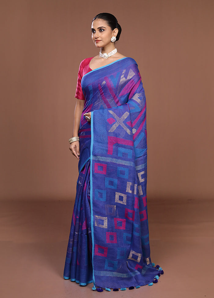 Blue Handloom Matka Pure Silk Saree With Blouse Piece