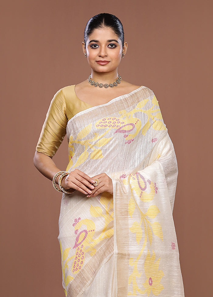 White Handloom Matka Pure Silk Saree With Blouse Piece