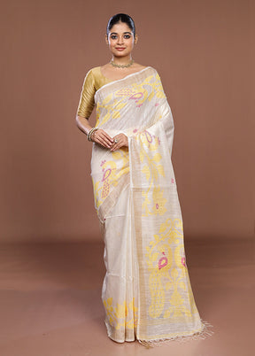 White Handloom Matka Pure Silk Saree With Blouse Piece