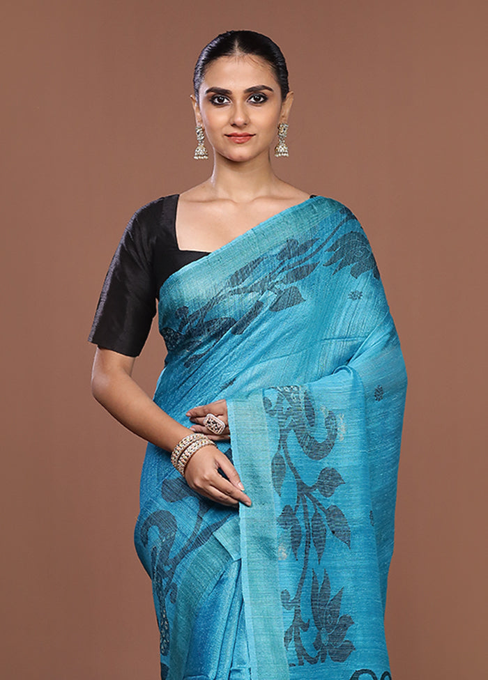 Blue Handloom Matka Pure Silk Saree With Blouse Piece