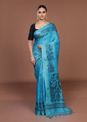 Blue Handloom Matka Pure Silk Saree With Blouse Piece
