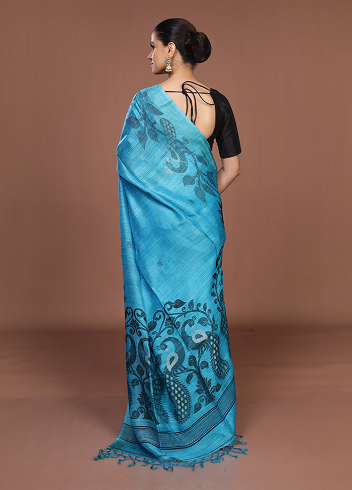 Blue Handloom Matka Pure Silk Saree With Blouse Piece