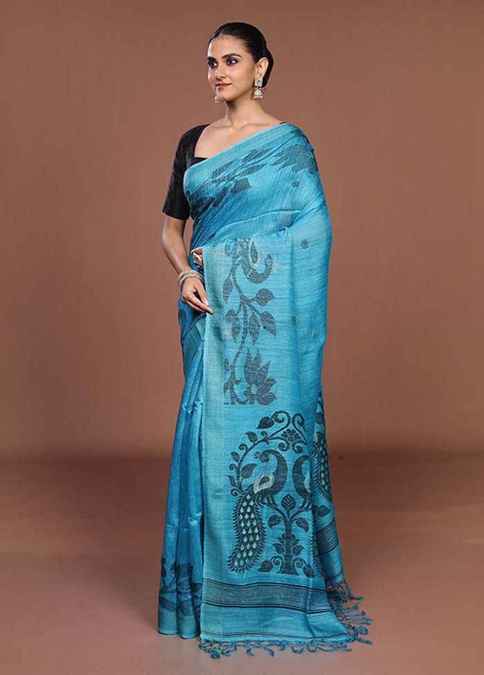 Blue Handloom Matka Pure Silk Saree With Blouse Piece