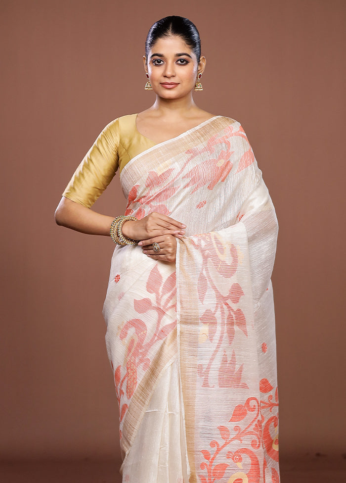 White Handloom Matka Pure Silk Saree With Blouse Piece