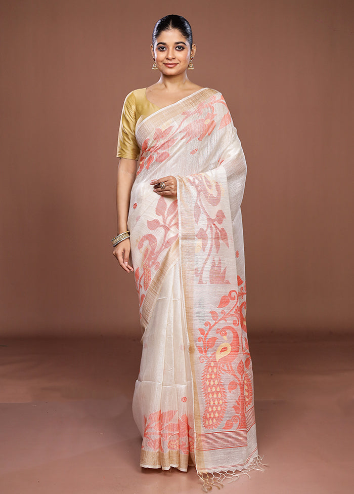 White Handloom Matka Pure Silk Saree With Blouse Piece