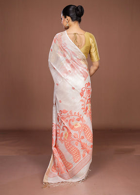 White Handloom Matka Pure Silk Saree With Blouse Piece