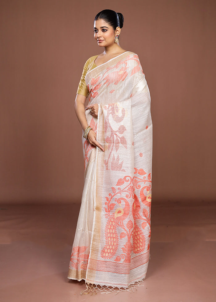 White Handloom Matka Pure Silk Saree With Blouse Piece