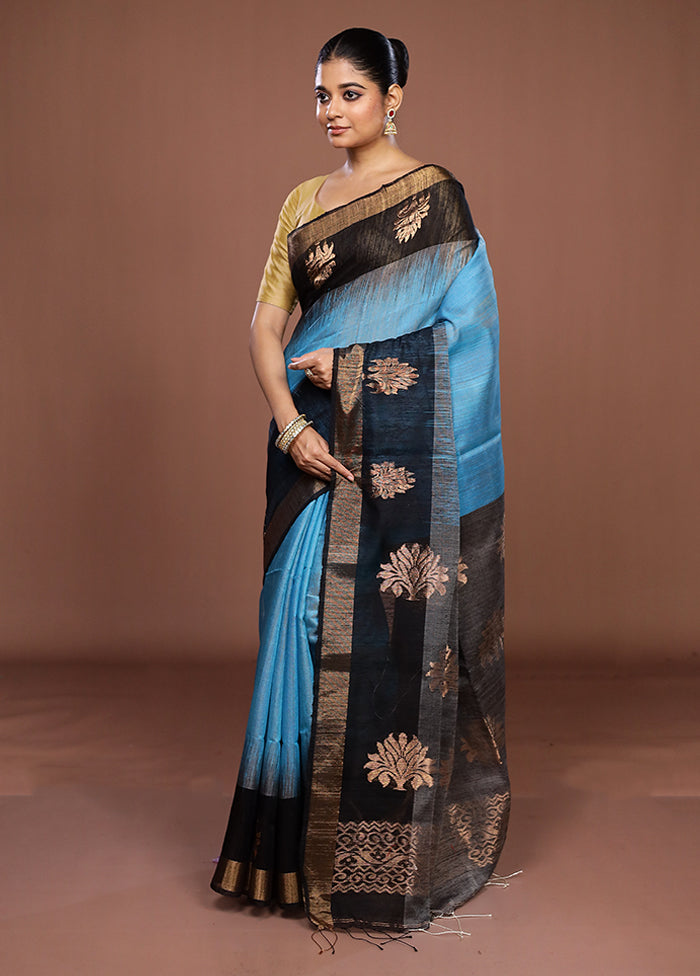 Blue Handloom Matka Pure Silk Saree With Blouse Piece