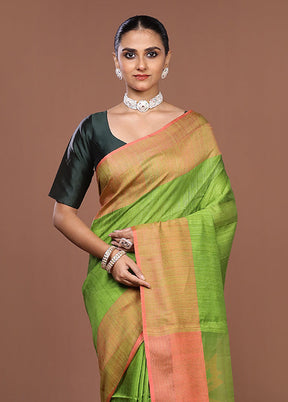 Green Handloom Matka Pure Silk Saree With Blouse Piece
