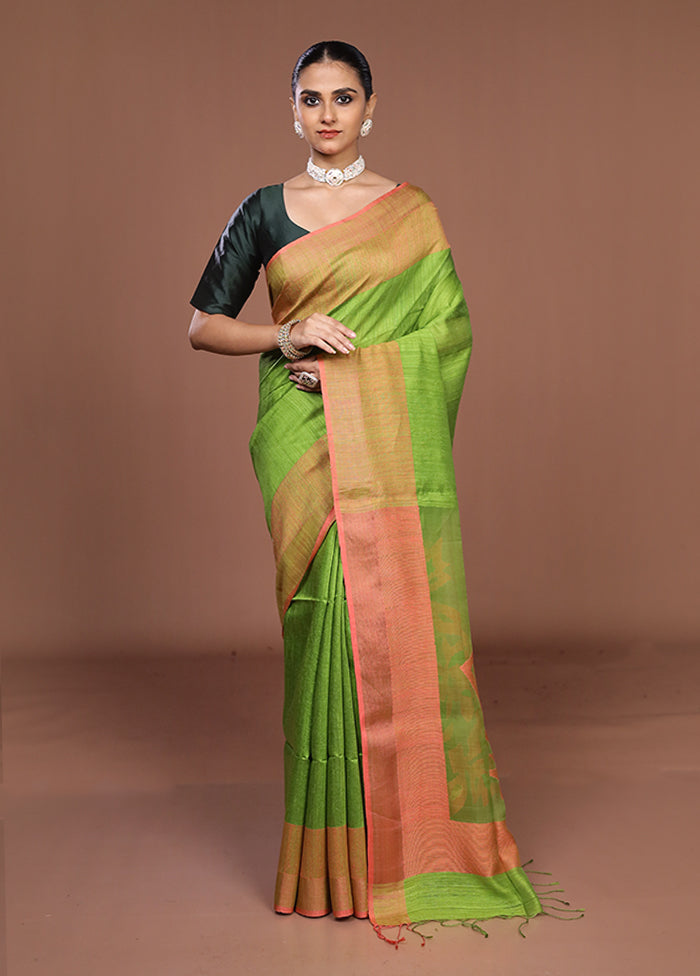 Green Handloom Matka Pure Silk Saree With Blouse Piece