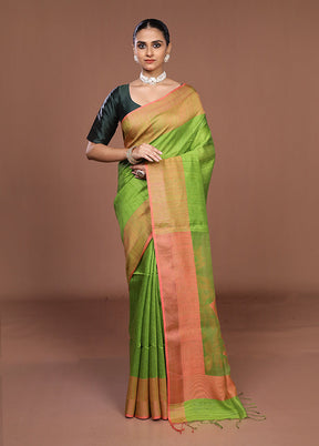 Green Handloom Matka Pure Silk Saree With Blouse Piece