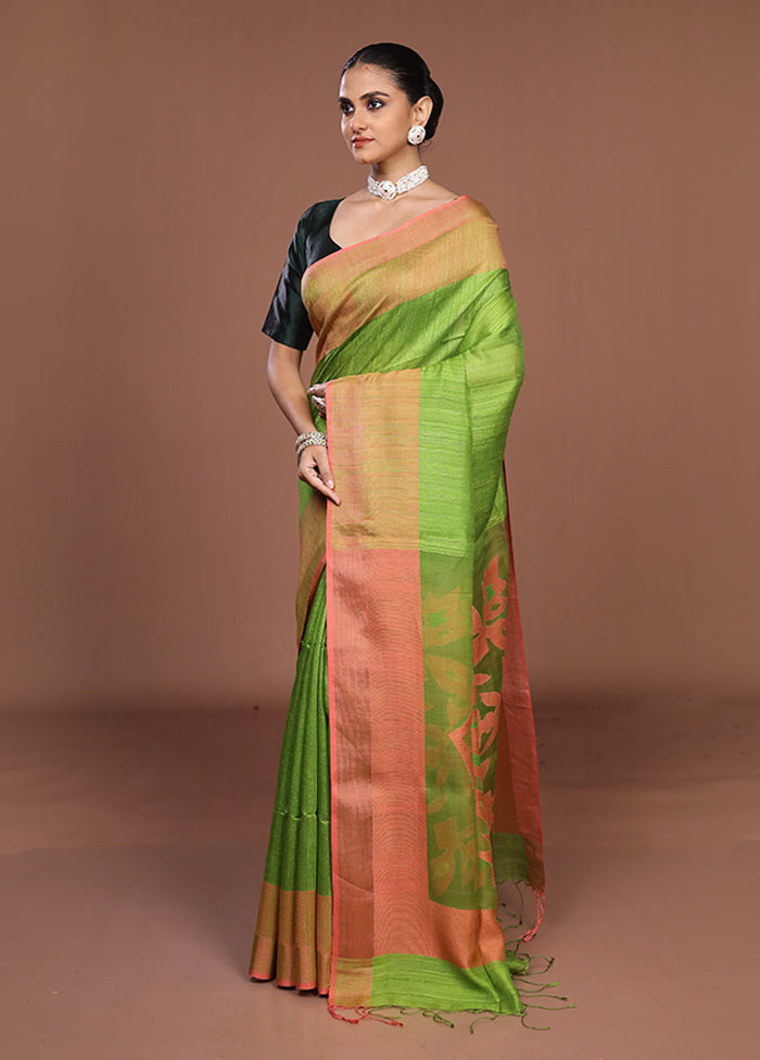 Green Handloom Matka Pure Silk Saree With Blouse Piece