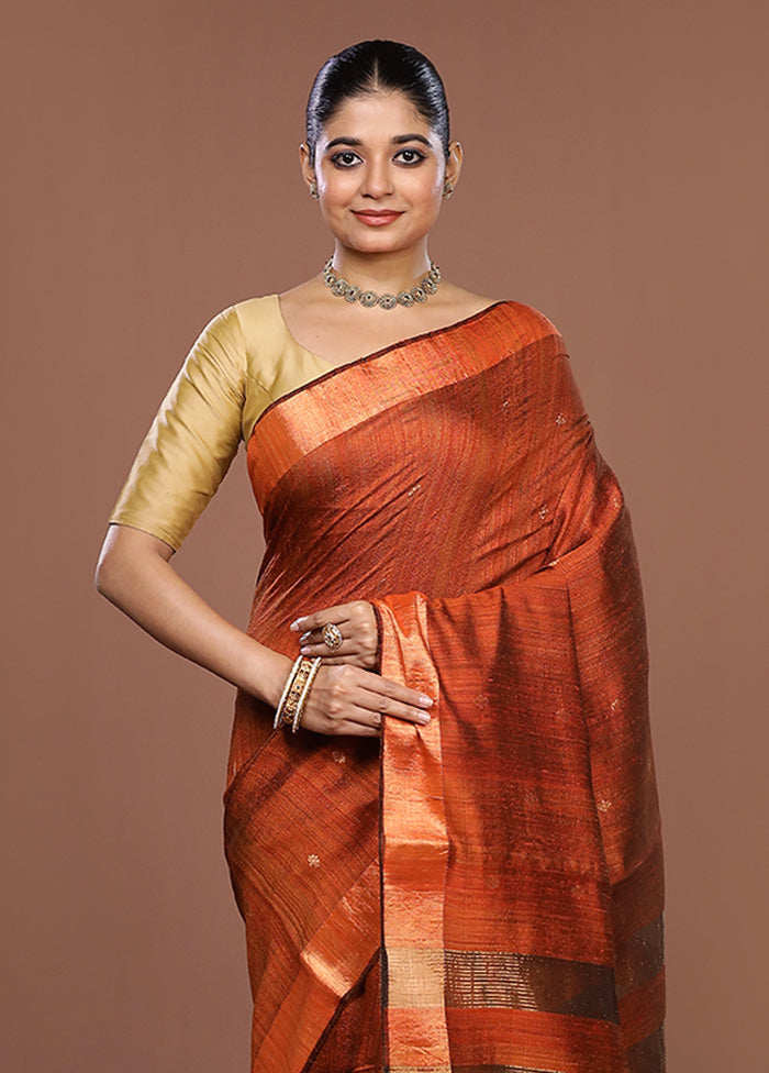 Rust Handloom Matka Pure Silk Saree With Blouse Piece