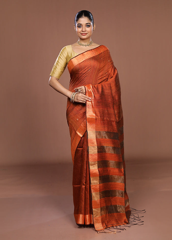 Rust Handloom Matka Pure Silk Saree With Blouse Piece