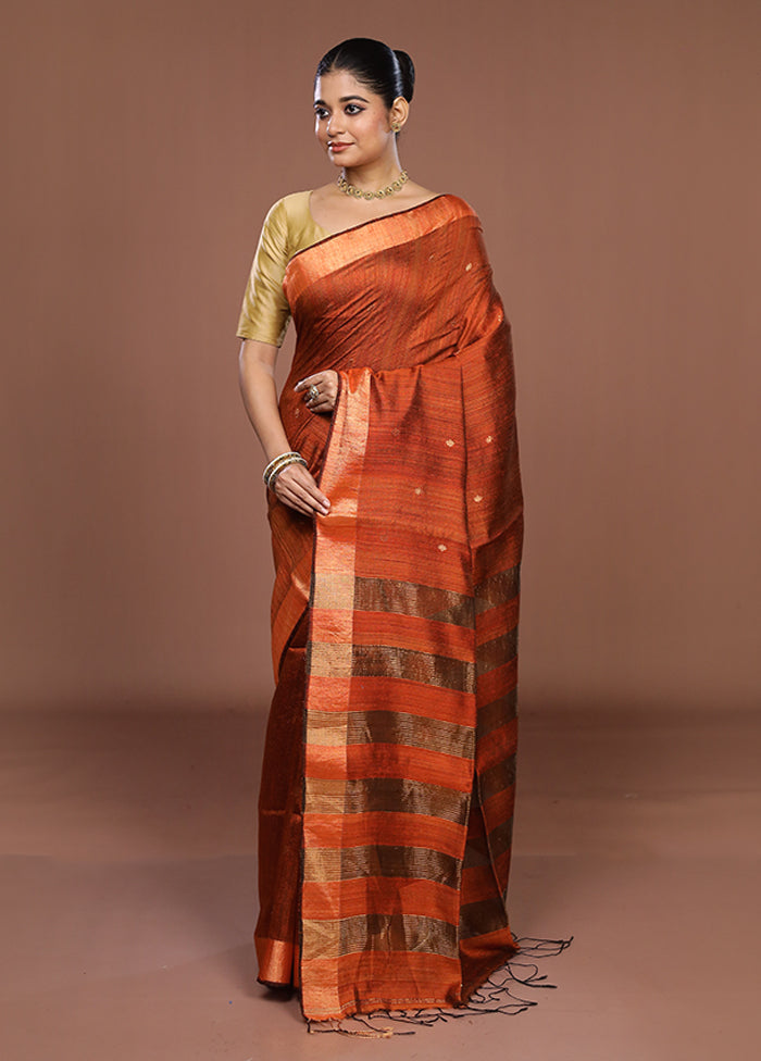 Rust Handloom Matka Pure Silk Saree With Blouse Piece