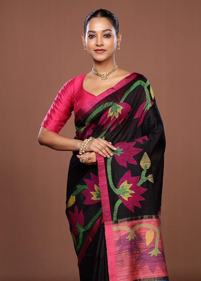 Black Handloom Matka Pure Silk Saree With Blouse Piece