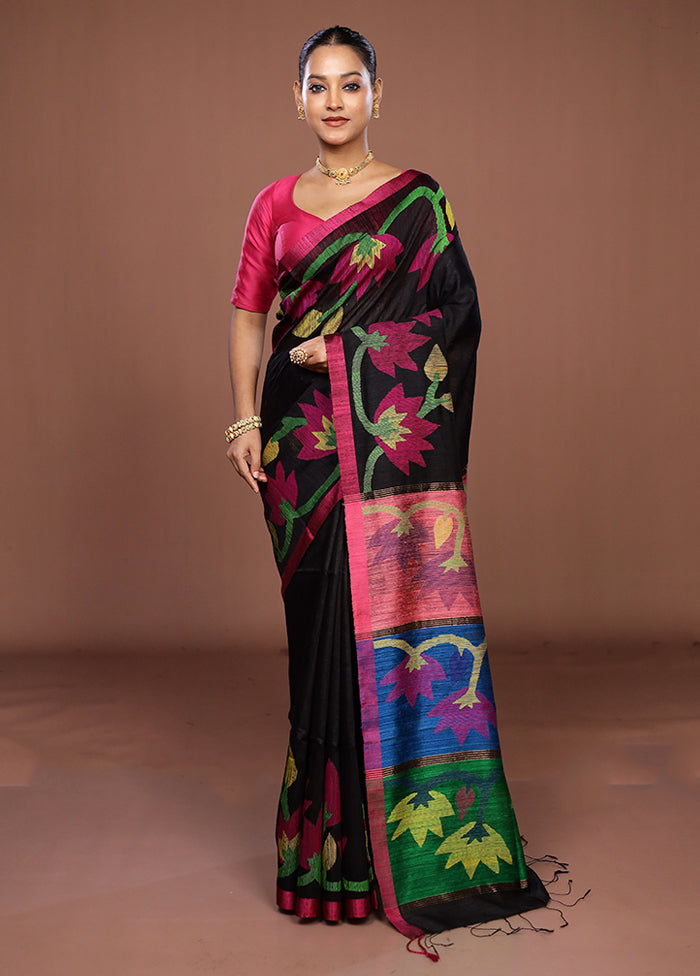 Black Handloom Matka Pure Silk Saree With Blouse Piece