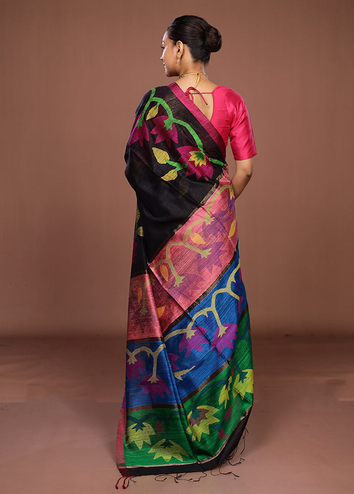 Black Handloom Matka Pure Silk Saree With Blouse Piece