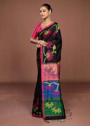 Black Handloom Matka Pure Silk Saree With Blouse Piece