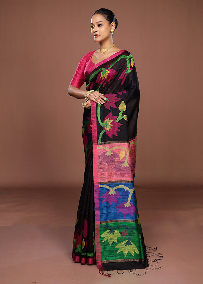 Black Handloom Matka Pure Silk Saree With Blouse Piece