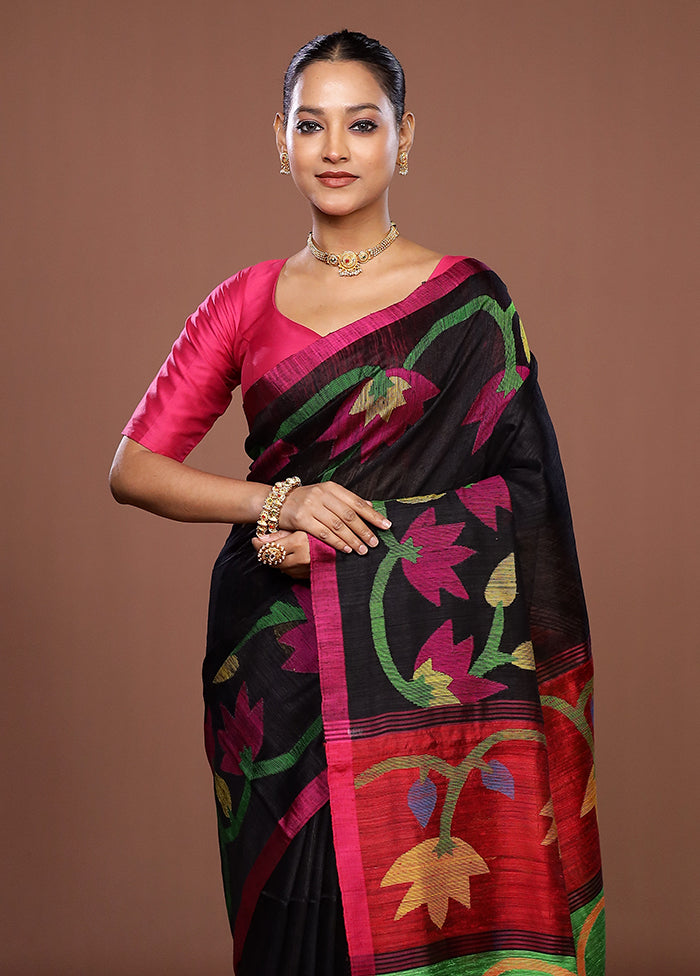 Black Handloom Matka Pure Silk Saree With Blouse Piece