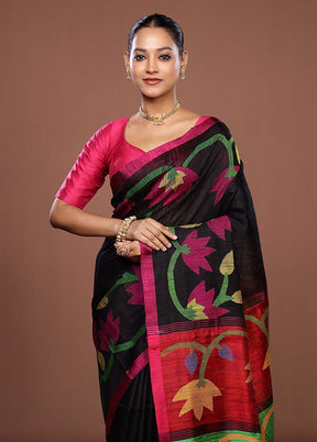 Black Handloom Matka Pure Silk Saree With Blouse Piece