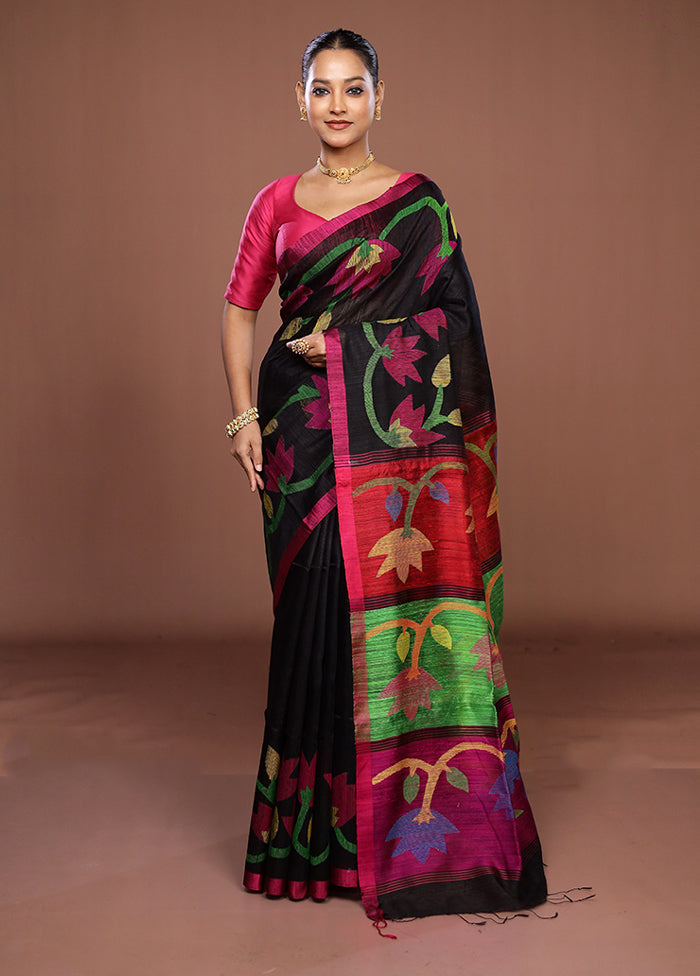 Black Handloom Matka Pure Silk Saree With Blouse Piece