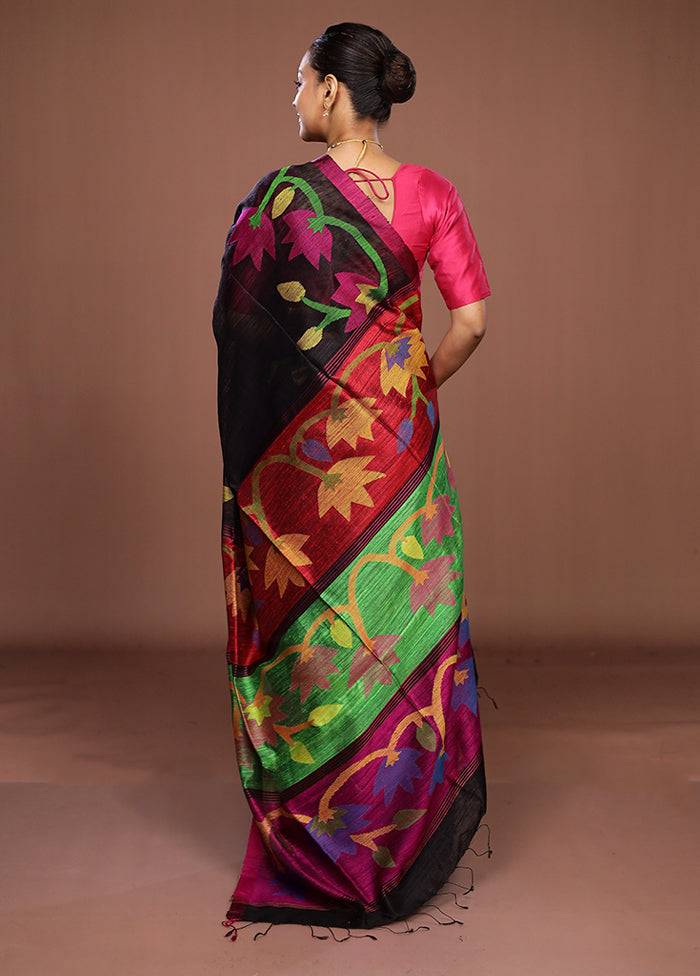Black Handloom Matka Pure Silk Saree With Blouse Piece