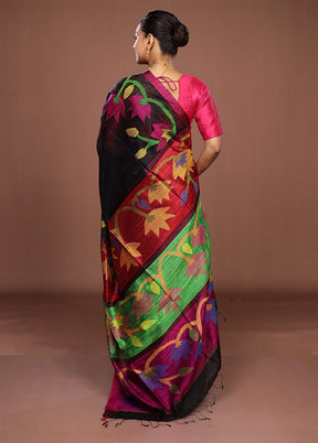 Black Handloom Matka Pure Silk Saree With Blouse Piece
