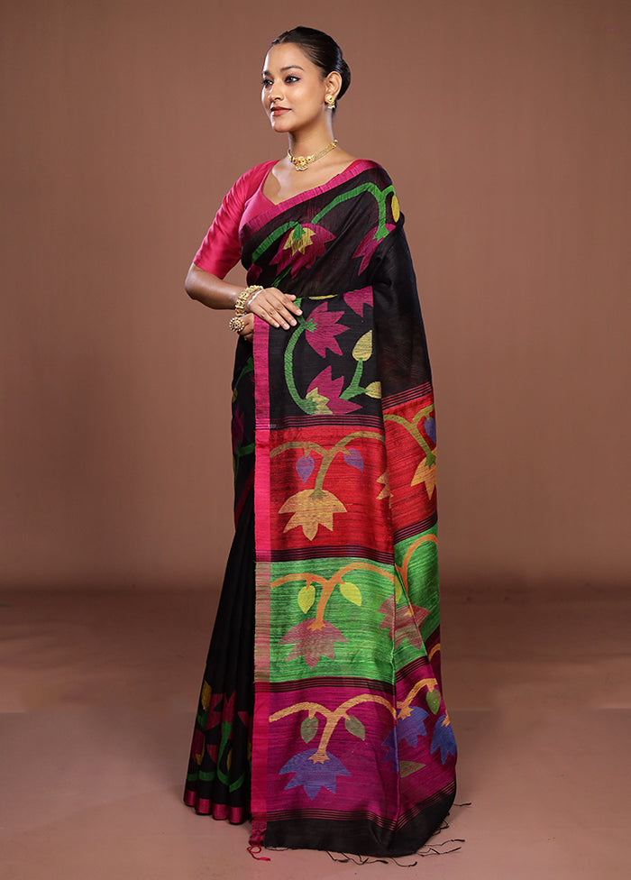 Black Handloom Matka Pure Silk Saree With Blouse Piece