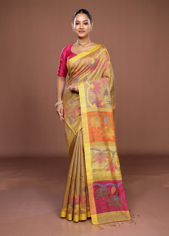 Cream Handloom Matka Pure Silk Saree With Blouse Piece