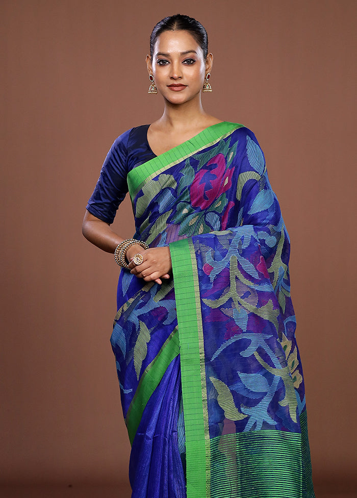 Blue Handloom Matka Pure Silk Saree With Blouse Piece