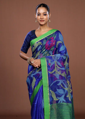 Blue Handloom Matka Pure Silk Saree With Blouse Piece