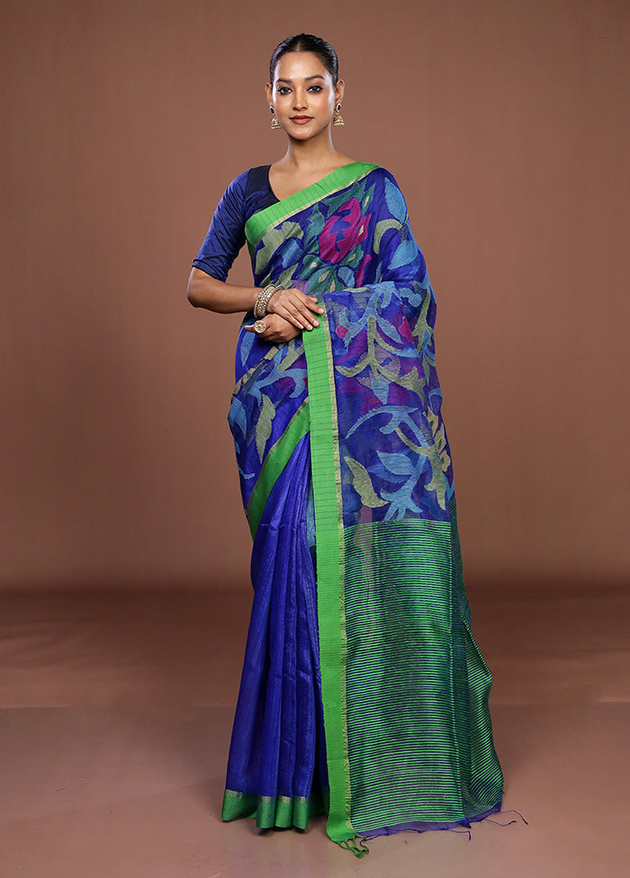 Blue Handloom Matka Pure Silk Saree With Blouse Piece