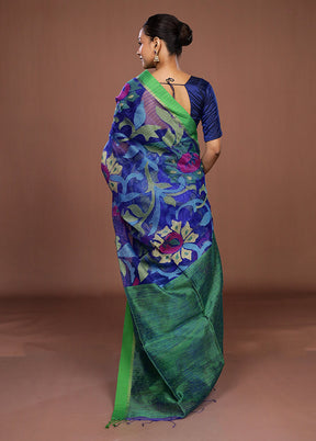 Blue Handloom Matka Pure Silk Saree With Blouse Piece