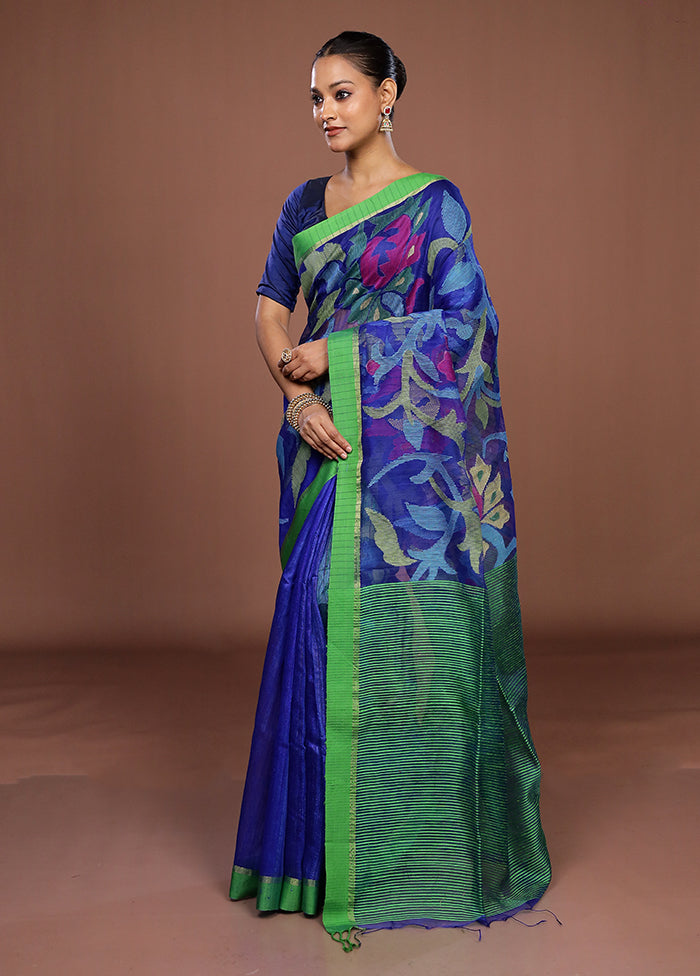Blue Handloom Matka Pure Silk Saree With Blouse Piece