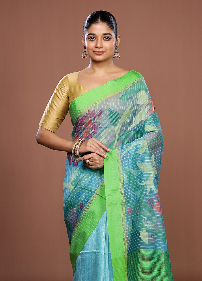 Blue Handloom Matka Pure Silk Saree With Blouse Piece