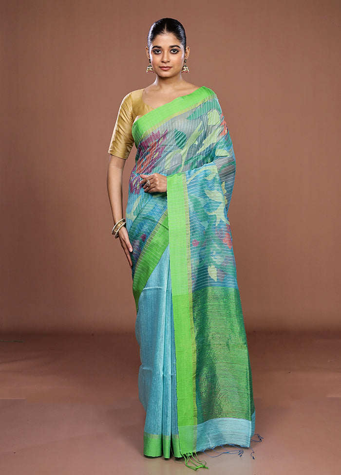 Blue Handloom Matka Pure Silk Saree With Blouse Piece