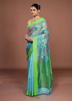 Blue Handloom Matka Pure Silk Saree With Blouse Piece