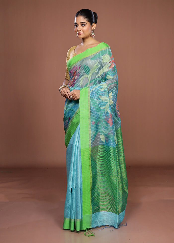 Blue Handloom Matka Pure Silk Saree With Blouse Piece