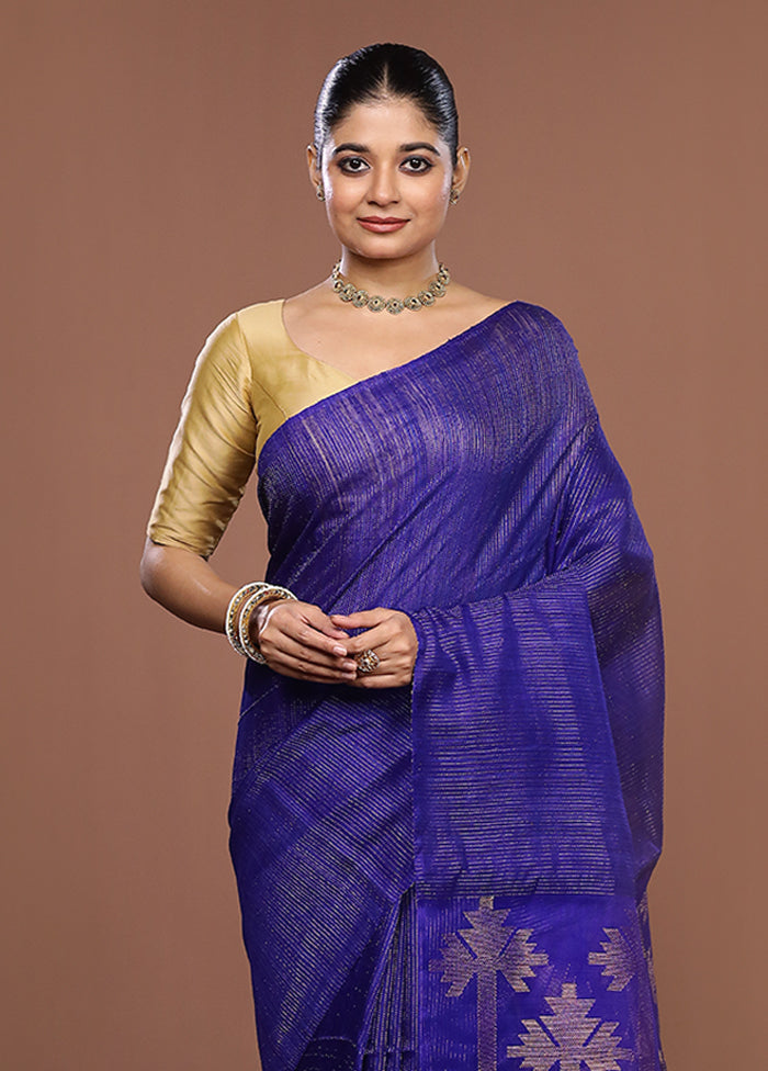 Blue Handloom Matka Pure Silk Saree With Blouse Piece
